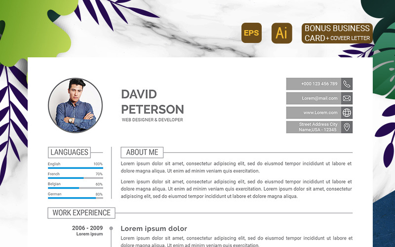 Download Резюме "David Peterson - Web Designer Resume Template" / David Peterson - Web Designer Resume Template - Резюме на тему графика a4,resume,ai,kai,clean,cover,letter,creative,curriculum,vitae,cv,employment,job,modern,photoshop,eps,professional,template,business,card