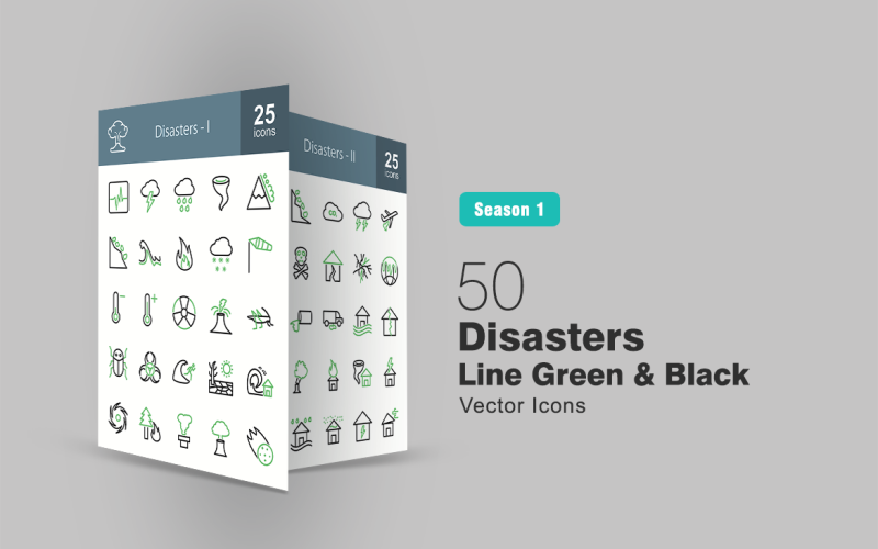 50 desastres línea verde y negro conjunto de iconos
