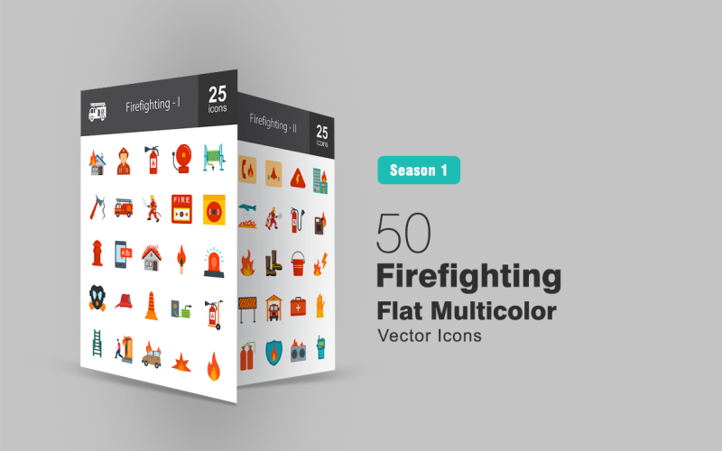 Download Набор иконок "50 Firefighting Flat Multicolor Icon Set" / 50 Firefighting Flat Multicolor Icon Set - Набор иконок на тему графика fire,icon,firefighting,extinguisher,alarm,hose,water,hydrant,matchstick,siren,oxygen,mask,cone,ladders,car,on,explosion,axe,emergency,danger