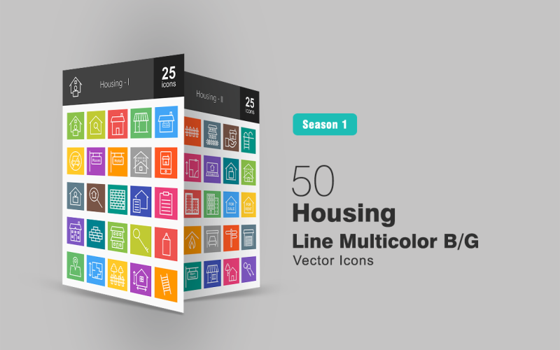Download Набор иконок "50 Housing Line Multicolor B/G Icon Set" / 50 Housing Line Multicolor B/G Icon Set - Набор иконок на тему графика housing icon real estate property house building apartment resident insurance keys brick wall garage loan architecture shop fence location iconbunny