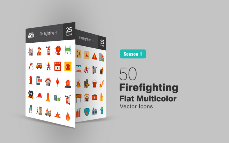 50 iconos planos multicolores de extinción de incendios