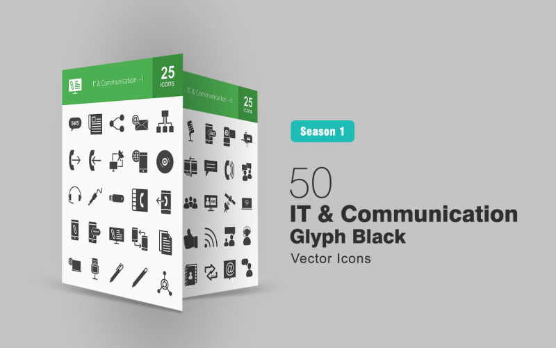 Download Набор иконок "50 IT & Communication Glyph Icon Set" / 50 IT & Communication Glyph Icon Set - Набор иконок на тему графика technology icon communication sms news call network connection notification pen phonebook video camera contact team microphone document mobile typing iconbunny