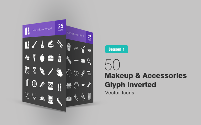 Download Набор иконок "50 Makeup & Accessories Glyph Inverted Icon Set" / 50 Makeup & Accessories Glyph Inverted Icon Set - Набор иконок на тему графика makeup icon accessories jewellery lipstick nail polish blusher eyeshadow brush cutter perfume box eye pencils applicator straightener rollers earrings necklace