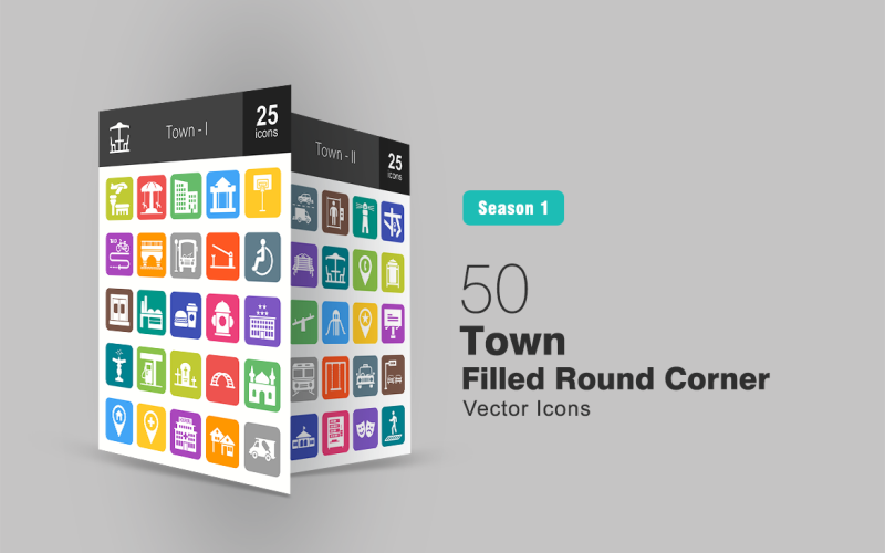 Download Набор иконок "50 Town Filled Round Corner Icon Set" / 50 Town Filled Round Corner Icon Set - Набор иконок на тему графика town,icon,theater,lifestyle,airport,park,bank,apartments,bridge,bus,stop,entrance,factory,fast,food,hotel,fountain,gas,station,graveyard