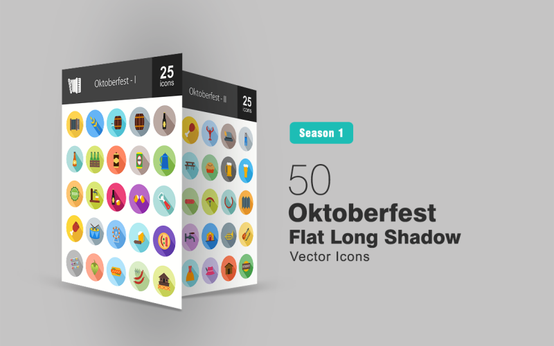 50 zestaw ikon płaski długi cień Oktoberfest