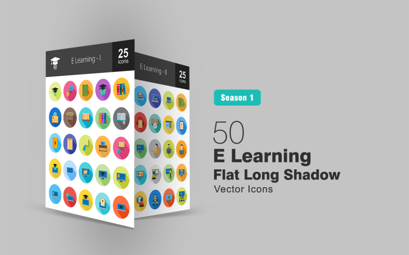 50 E-Learning Flat Long Shadow Icon Set