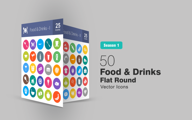 Ensemble d'icônes rondes plates de 50 aliments et boissons
