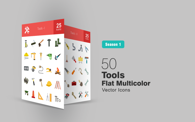 50 gereedschappen platte veelkleurige pictogramserie