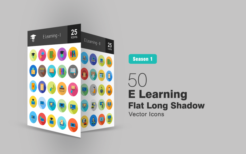 Набор иконок 50 E Learning Flat с длинной тенью