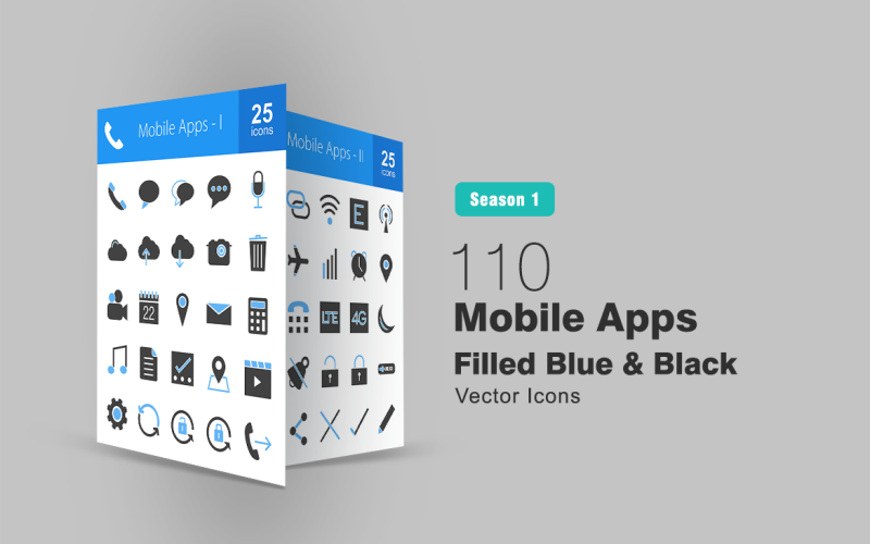 110 set di icone blu e nere riempite di app mobili