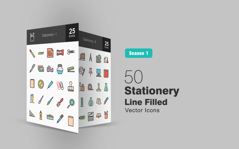 Download Набор иконок "50 Stationery Filled Line Icon Set" / 50 Stationery Filled Line Icon Set - Набор иконок на тему графика stationery icon pencil eraser sharpener pen card tape stapler ink scissors notebook scale paper clip test tube paint brush magnifying