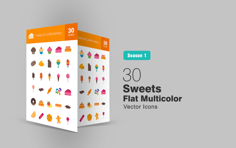 30 Tatlı ve Şekerleme Düz Çok Renkli Simge Seti
