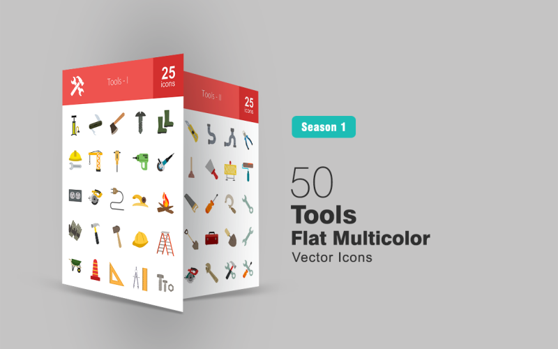 Download Набор иконок "50 Tools Flat Multicolor Icon Set" / 50 Tools Flat Multicolor Icon Set - Набор иконок на тему графика tools,icon,knife,axe,nut,and,bolt,construction,crane,machine,driller,electric,plug,wire,tap,flame,gloves,hammer,hat,ladder
