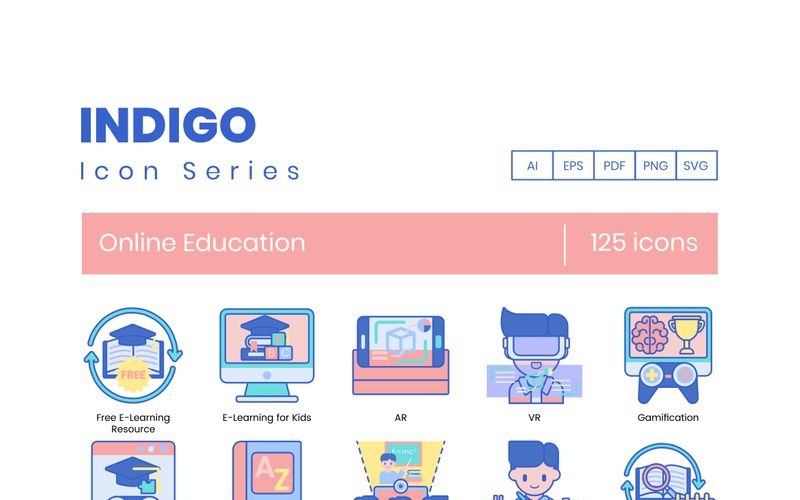 125 Çevrimiçi Eğitim Simgeleri - Indigo Serisi Set
