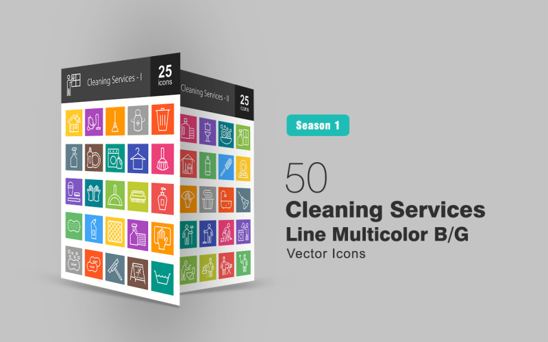 Download Набор иконок "50 Cleaning Services Line Multicolor B/G Icon Set" / 50 Cleaning Services Line Multicolor B/G Icon Set - Набор иконок на тему графика cleaning,icon,services,vaccuum,apron,trash,dishwasher,laundry,detergent,towel,broom,dustpan,scrubber,soap,spray,wiper,water,wet,dryclean,washing