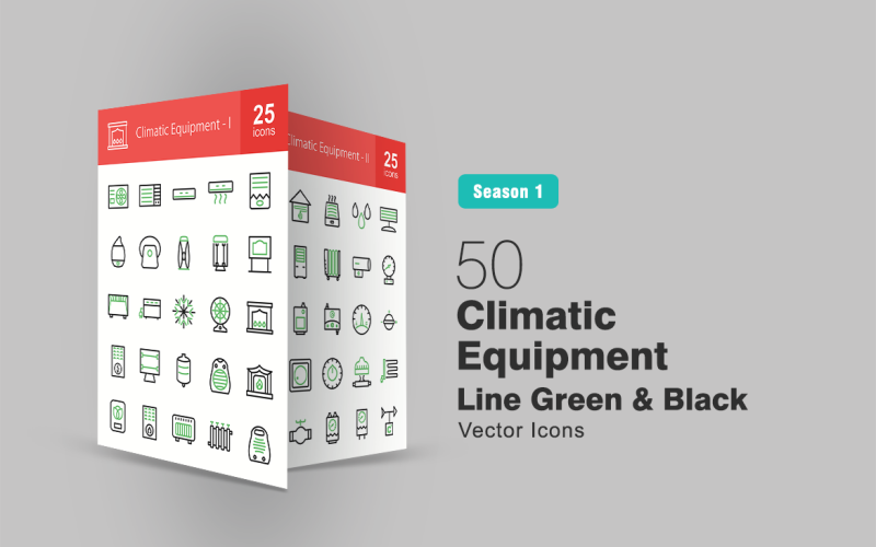Download Набор иконок "50 Climatic Equipment Line Green & Black Icon Set" / 50 Climatic Equipment Line Green & Black Icon Set - Набор иконок на тему графика climate,icon,equipment,air,conditioner,purifier,sanitizer,carbon,heater,furnace,cooling,electric,fan,fireplace,tank,gas,fire,humidity,pressure,gauge