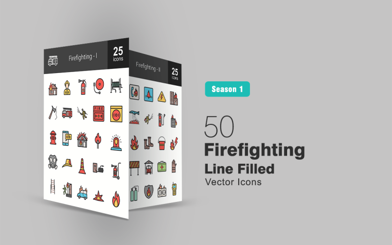 Conjunto de ícones de 50 linhas preenchidas de combate a incêndios