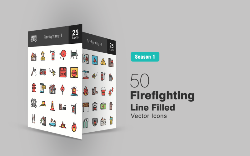 Download Набор иконок "50 Firefighting Filled Line Icon Set" / 50 Firefighting Filled Line Icon Set - Набор иконок на тему графика fire,icon,firefighting,extinguisher,alarm,hose,water,hydrant,matchstick,siren,oxygen,mask,cone,ladders,car,on,explosion,axe,emergency,danger