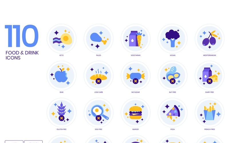 Download Набор иконок "110 Food _ Drinks Icons - Lavender Series Set" / 110 Food _ Drinks Icons - Lavender Series Set - Набор иконок на тему графика 