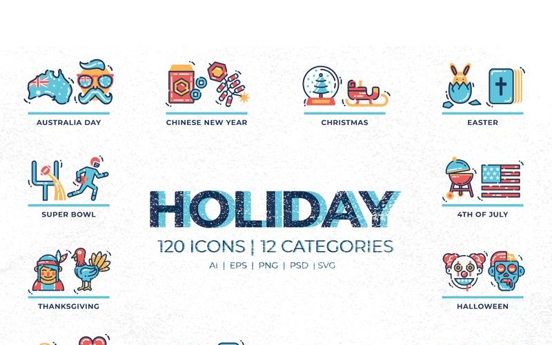 Download Набор иконок "120 Holiday Icons Set" / 120 Holiday Icons Set - Набор иконок на тему графика 
