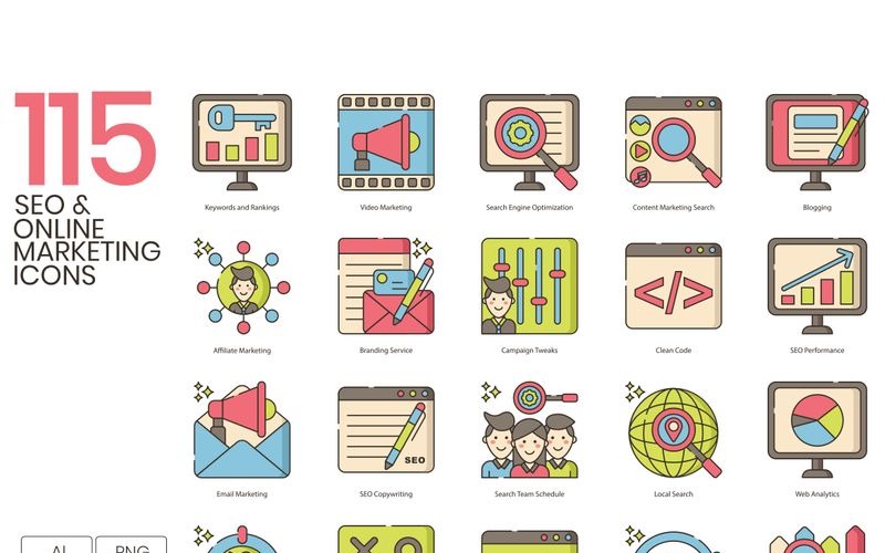115 online marketingových ikon - sada lískových oříšků