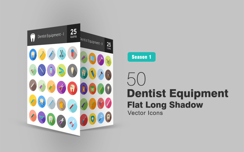Set di icone piatte lunga ombra di 50 attrezzature per dentista
