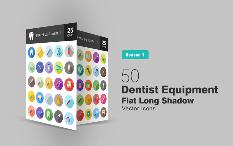 50 zestaw ikon płaski długi cień dentysta sprzęt