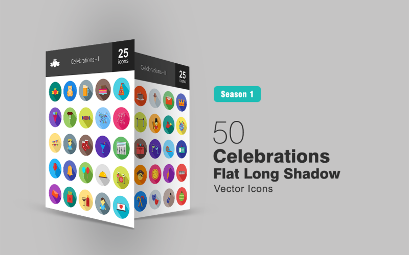 Download Набор иконок "50 Celebrations Flat Long Shadow Icon Set" / 50 Celebrations Flat Long Shadow Icon Set - Набор иконок на тему графика celebrations icon beer cake hat flowers sausage candy fireworks cocktail roses balloons bells food drums fries wine coffee invitation mafician
