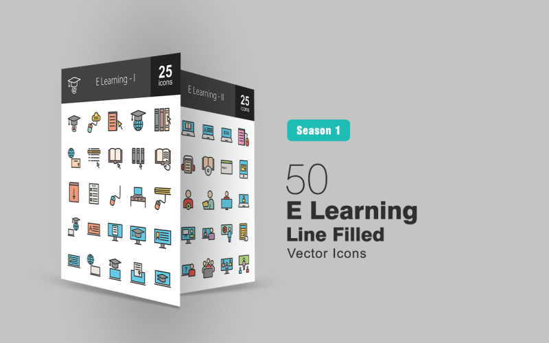 Download Набор иконок "50 E Learning Filled Line Icon Set" / 50 E Learning Filled Line Icon Set - Набор иконок на тему графика learning,icon,education,online,notes,book,degree,files,certificate,download,test,mouse,laptop,study,lectures,read,exam,grade,textbook,classroom
