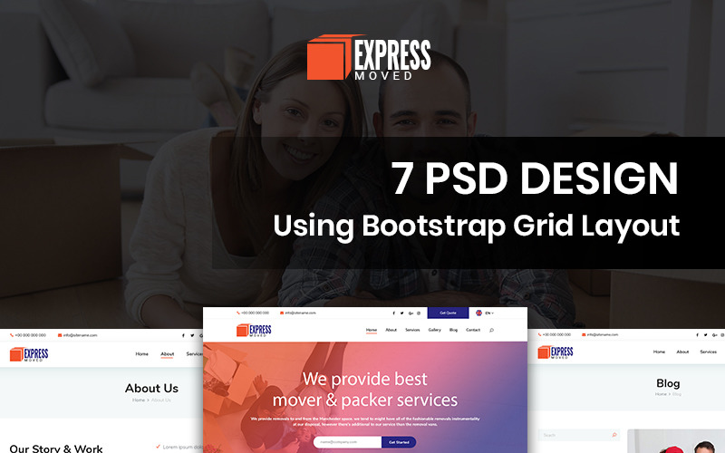 Download PSD шаблон "Express Moved - Movers & Packers PSD Template" / Express Moved - Movers & Packers PSD Template - PSD шаблон на тему графика movers packers template services theme psd photoshop
