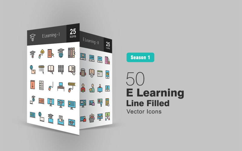 Set di icone di linea piena di apprendimento 50 E