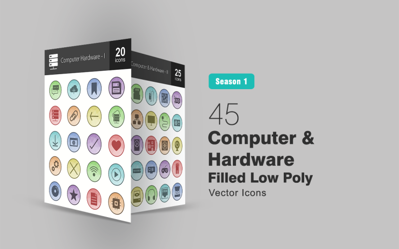 45 Set di icone low poly riempito per computer e hardware