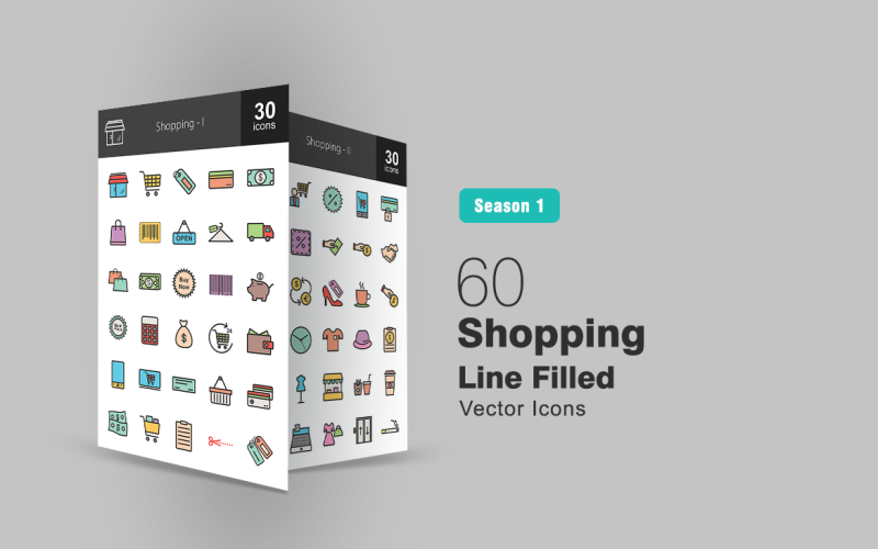 Download Набор иконок "60 Shopping Filled Line Icon Set" / 60 Shopping Filled Line Icon Set - Набор иконок на тему графика shop icon shopping cart tag card bill barcode delivery truck bags money buy piggy bank price calculator wallet mobile online