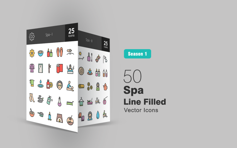 Download Набор иконок "50 Spa Filled Line Icon Set" / 50 Spa Filled Line Icon Set - Набор иконок на тему графика spa icon flower cream candles slippers massage towel steam mat water scent mask stones bed herbal sunbathing perfume leaves kettle