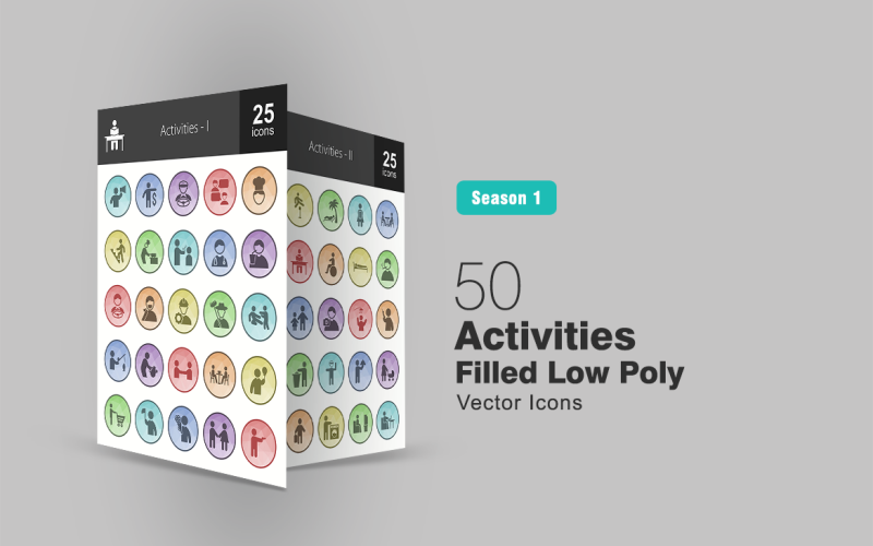 50 aktiviteter fyllda ikoner med låg poly