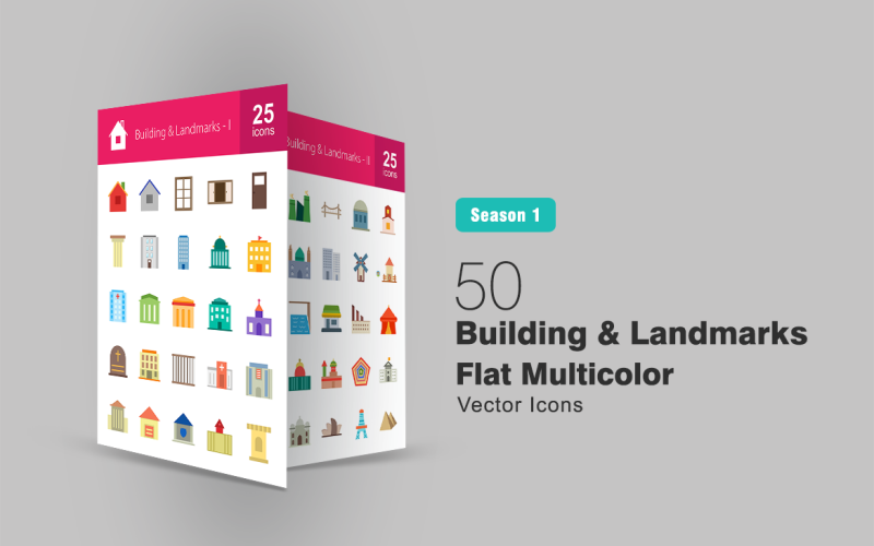 50 byggnader och landmärken platt flerfärgad ikonuppsättning