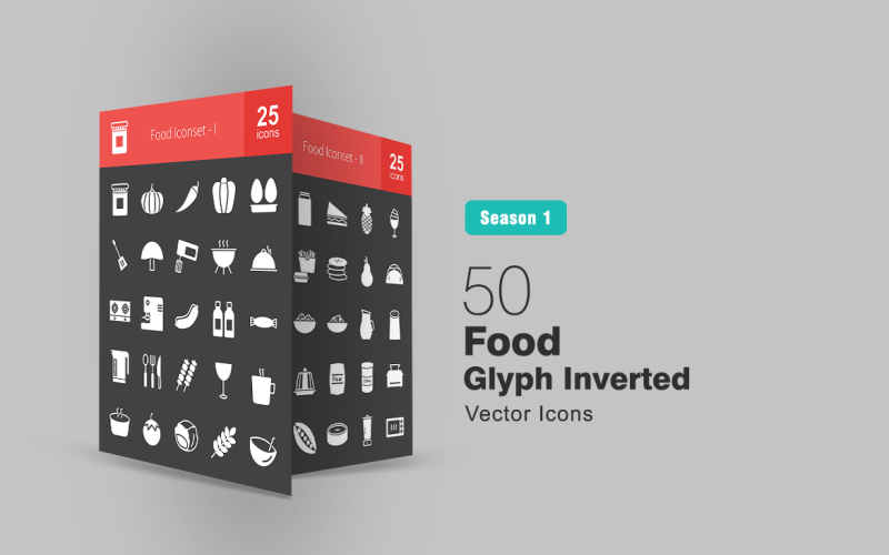 Conjunto de iconos invertidos de 50 glifos de alimentos