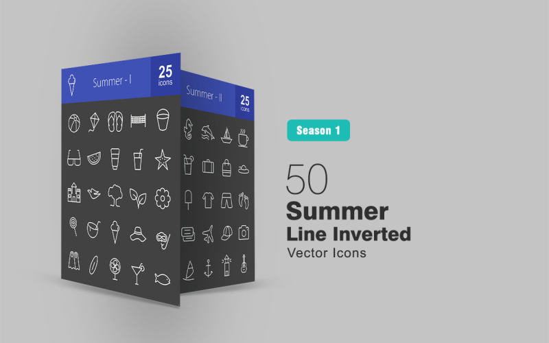 50 conjunto de iconos invertidos de línea de verano