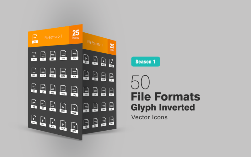50 Filformat Glyph Inverterad Ikonuppsättning