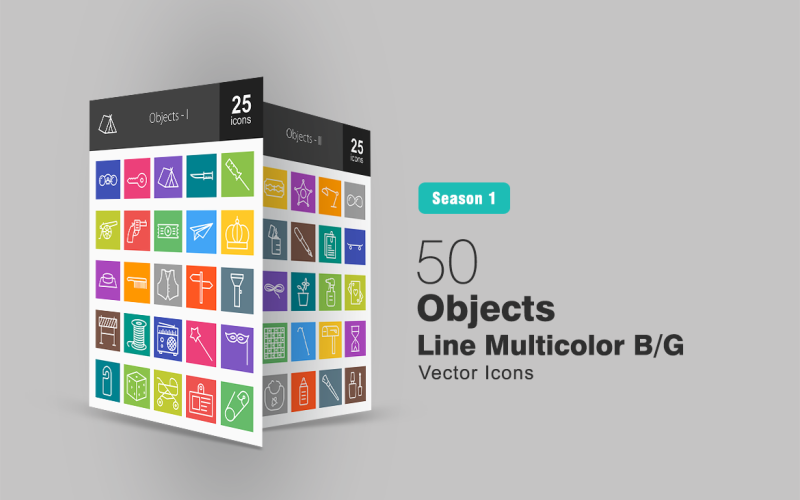 Download Набор иконок "50 Objects Line Multicolor B/G Icon Set" / 50 Objects Line Multicolor B/G Icon Set - Набор иконок на тему графика objects,icon,binoculars,cannon,rope,lamp,safety,pin,mailbox,dice,slippers,goggles,stroller,paper,plane,crown,bottle,skateboard,blade,thread
