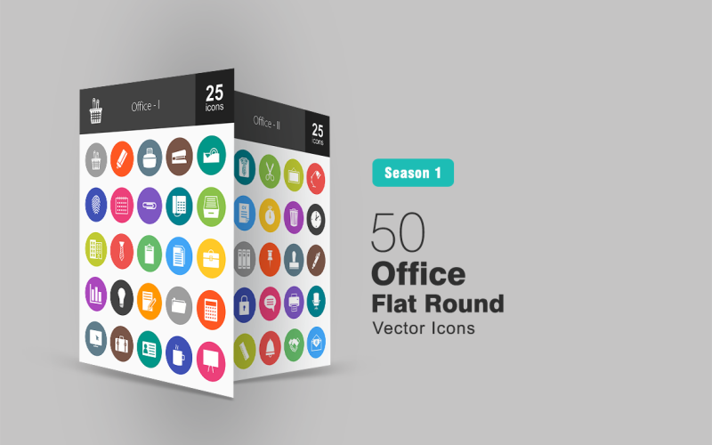 Download Набор иконок "50 Office Flat Round Icon Set" / 50 Office Flat Round Icon Set - Набор иконок на тему графика office icons file icon folder calendar telephone briefcase identity card tea report clock chat bubble chair printer handshake board stamp