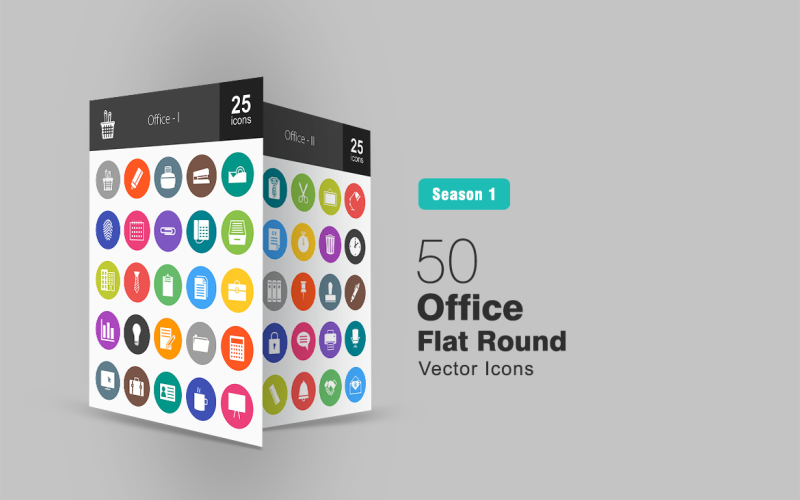 50 Office płaski okrągły zestaw ikon