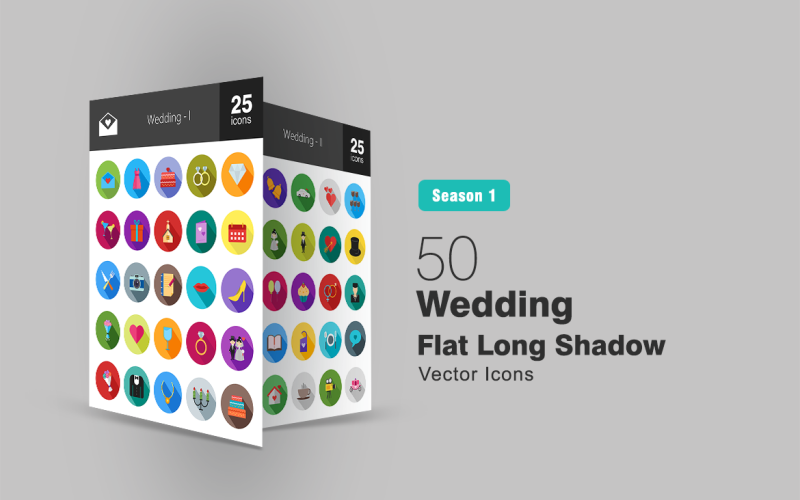 Download Набор иконок "50 Wedding Flat Long Shadow Icon Set" / 50 Wedding Flat Long Shadow Icon Set - Набор иконок на тему графика wedding icon bride groom cake rings invitation calendar date flowers drinks necklace music coffee dinner heels heart bells iconbunny flat