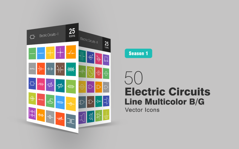 Conjunto de ícones de 50 linhas de circuitos elétricos multicolor B / G