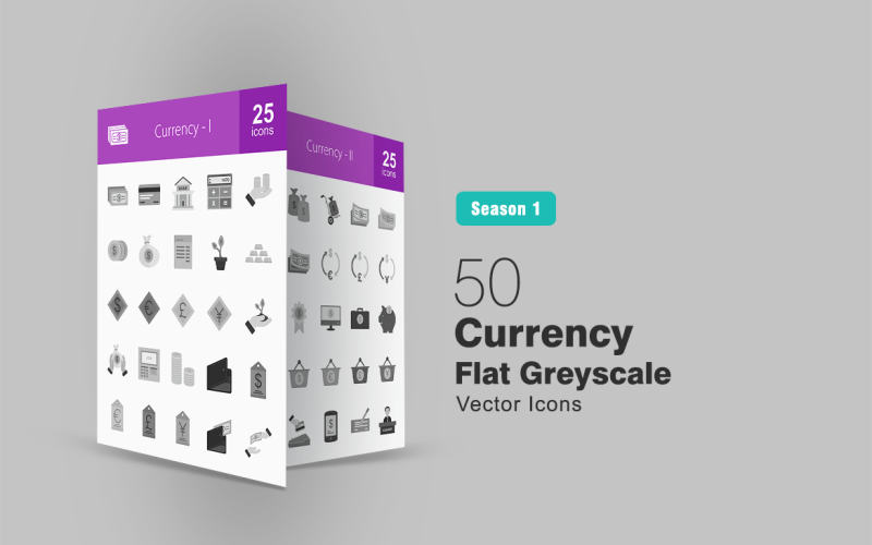 Download Набор иконок "50 Currency Flat Greyscale Icon Set" / 50 Currency Flat Greyscale Icon Set - Набор иконок на тему графика currency,icon,money,credit,card,bank,inflation,dollar,coin,bill,gold,euro,pound,yen,investment,cash,wallet,donation,cart,online