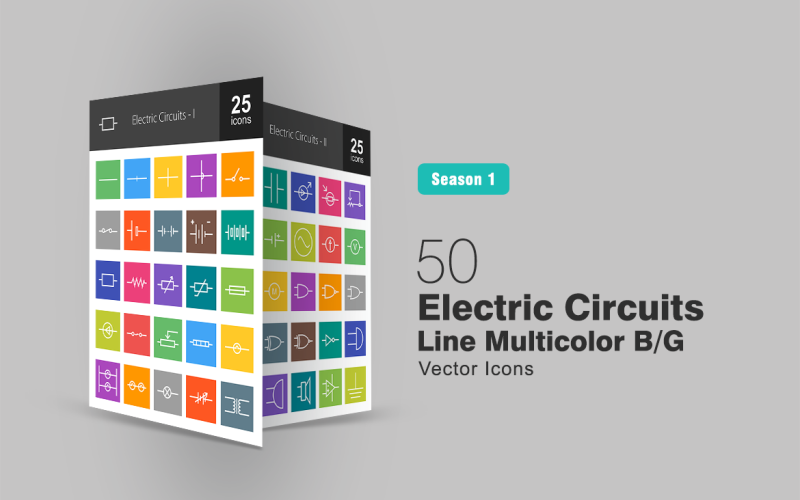 Download Набор иконок "50 Electric Circuits Line Multicolor B/G Icon Set" / 50 Electric Circuits Line Multicolor B/G Icon Set - Набор иконок на тему графика electric icon circuits wire connection switch cell battery resistor fuse lamp heating element transformer inductor capacitor diode motor ammeter iconbunny