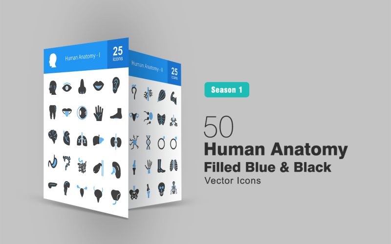 50 emberi anatómia kitöltött kék és fekete ikon készlet