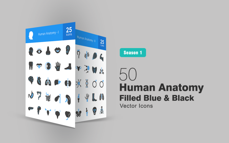 50 İnsan Anatomisi Mavi ve Siyah Simge Seti Dolu