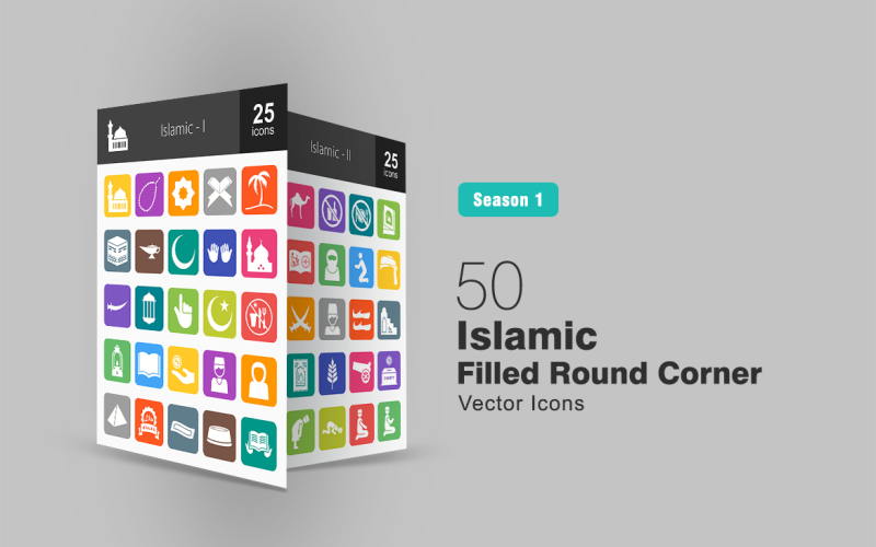 50 set di icone angolo rotondo riempito islamico