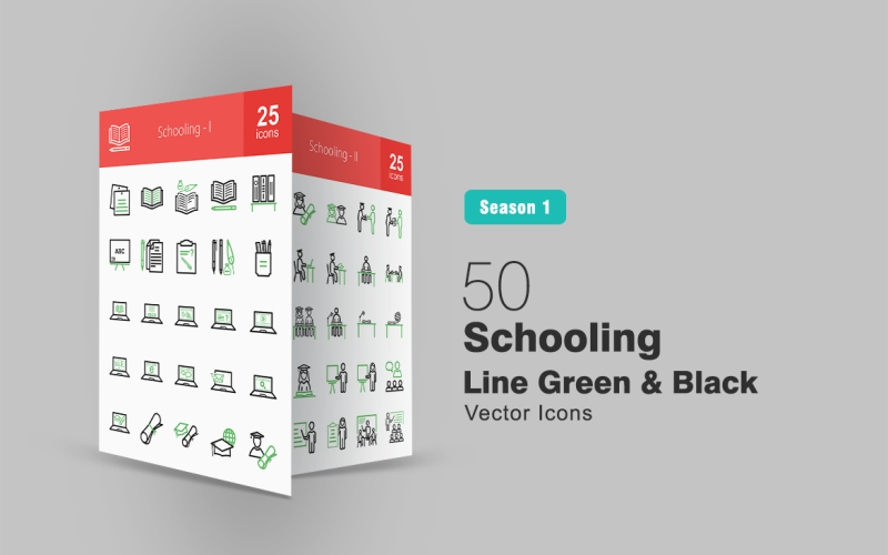 50 skollinje Grön & svart Ikonuppsättning